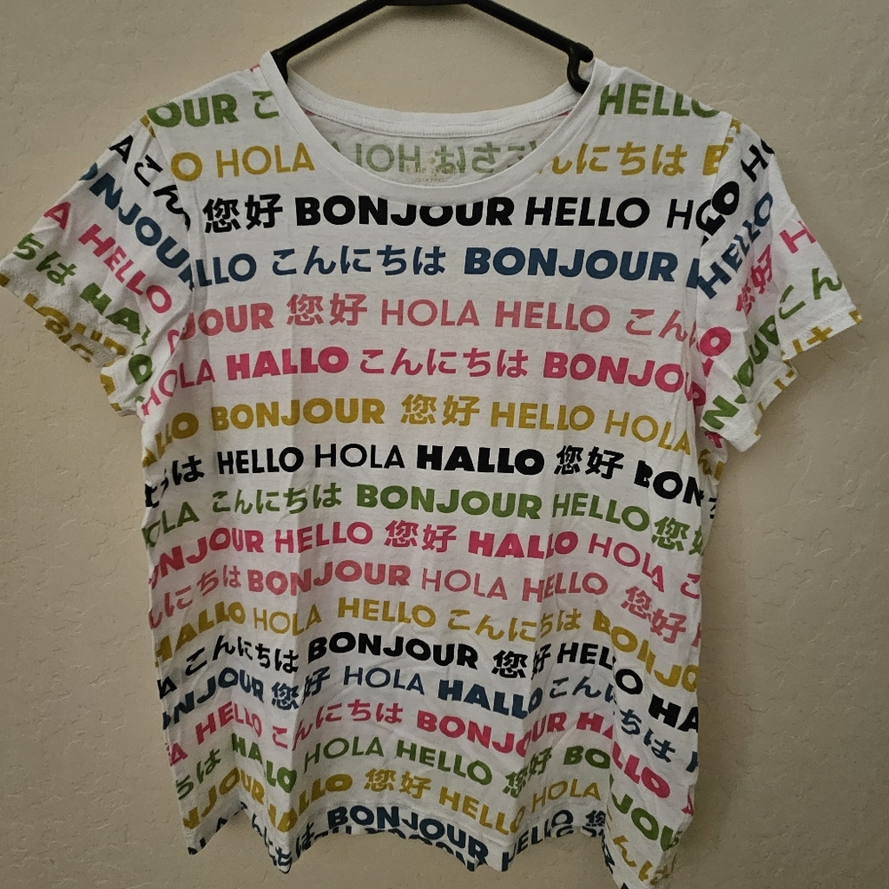 Kate Spade Womens Multi-Language Greetings Short Sleeve T-Shirt Small